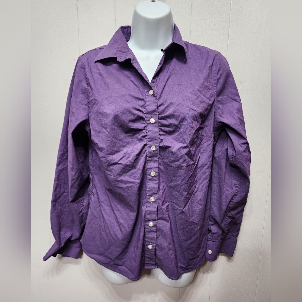 Lands End Button Front Shirt Size 8 Purple Long Sleeve Casual Office C57